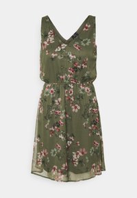 Ärmelloses olivgrünes Kleid mit V-Ausschnitt und pink-weißem Blumenmuster, geraffte Taille und leichtem Stoff.