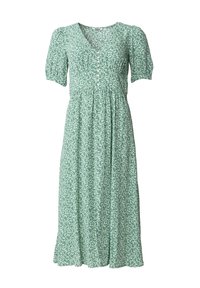 Green floral midi dress with short puffed sleeves, V-neckline, button closure, gathered waist, and a flowy skirt. Fabric shows small white flowers.