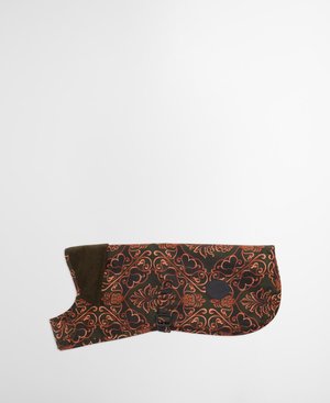 Gevoerd hondenjasje met een donkere groene achtergrond en een oranje bloemenpatroon. Inclusief een gestructureerd bruine corduroy-paneel en verstelbare gesp.