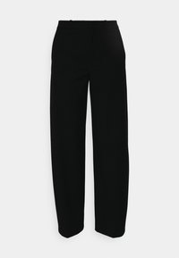 Zwarte wijde broek met een gladde textuur, voorzien van een middelhoge tailleband en een minimalistisch ontwerp. Geen zichtbare zakken of patronen.