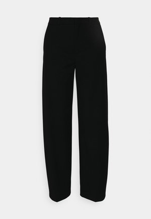 Pantaloni neri a gamba larga con una texture liscia, dotati di una vita a media altezza e design minimalista. Nessuna tasca visibile né motivi.