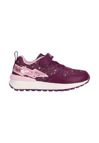 Chaussure de sport violette avec un accent rose pailleté, tissu texturé avec des étoiles, bande Velcro et semelle en caoutchouc. Comprend un col et une languette rembourrés.