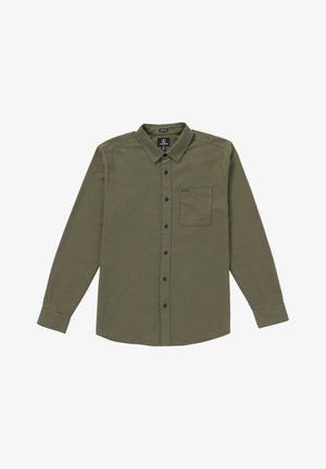 Camicia da uomo con bottoni di colore verde oliva. Realizzata in tessuto morbido, presenta maniche lunghe, una tasca sul petto e bottoni neri. Design del collo standard.