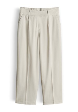 Beige straight-leg pants with elastic waistband, side pockets, belt loops, and front pleats, displayed against a white background.