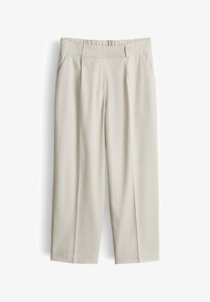 Beige straight-leg pants with elastic waistband, side pockets, belt loops, and front pleats, displayed against a white background.