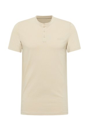 Short-sleeve beige T-shirt with a rounded neckline, featuring a button placket and subtle embossed logo on the chest. Soft, lightweight fabric.