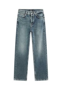 Jeans in denim blu chiaro con vestibilità rilassata, design a gamba dritta, cinque tasche e dettagli di cucitura visibili.