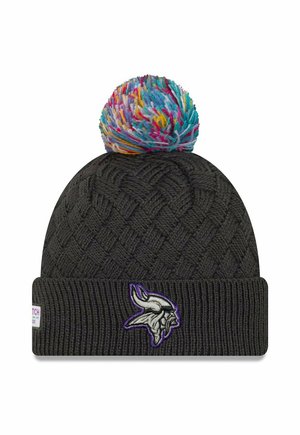 Berretto lavorato a maglia di colore grigio scuro con un motivo a diamante testurizzato, dotato di un pompon multicolore sulla sommità e un logo Viking in viola.