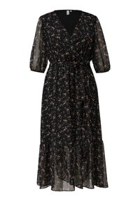 Svart midi-omlottklänning med små rosa och blå blommönster, genomskinliga puffärmar, midjeband och volangslut.
