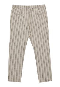 Pantaloni rigati color beige chiaro con linee nere verticali, caratterizzati da una vestibilità ampia, vita elastica e due tasche posteriori.
