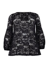 Zwarte kanten top met een ronde hals, lange pofmouwen en een uitlopende zoom. Heeft bloemmotieven en een semi-transparante textuur.