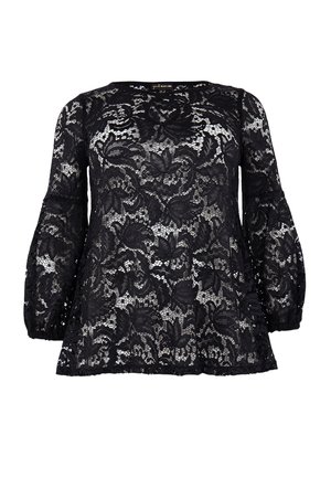Schwarzes Spitze-Oberteil mit einem runden Ausschnitt, langen Puffärmeln und einem ausgestellten Saum. Verfügt über florale Muster und eine halbtransparente Textur.