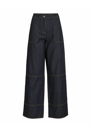 Wide-leg dark denim jeans with high waist, front patch pockets, stitched detailing on legs, and button closure.