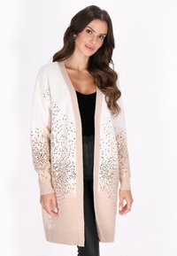 Lättvikts lång cardigan med en gradient från krämfärgad till taupe, dekorerad med spridda paljetter. Öppen framsida, ribbade ärmslut och nederkant.