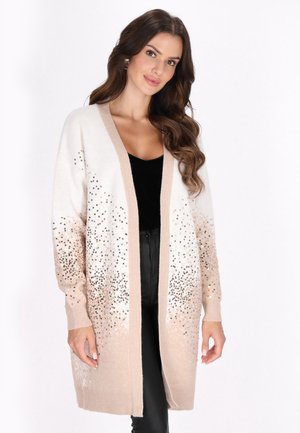 Leichter, langer Cardigan mit einem Farbverlauf von Creme zu Taupe und verstreuten Pailletten. Offene Vorderseite, gerippte Bündchen und Saum.