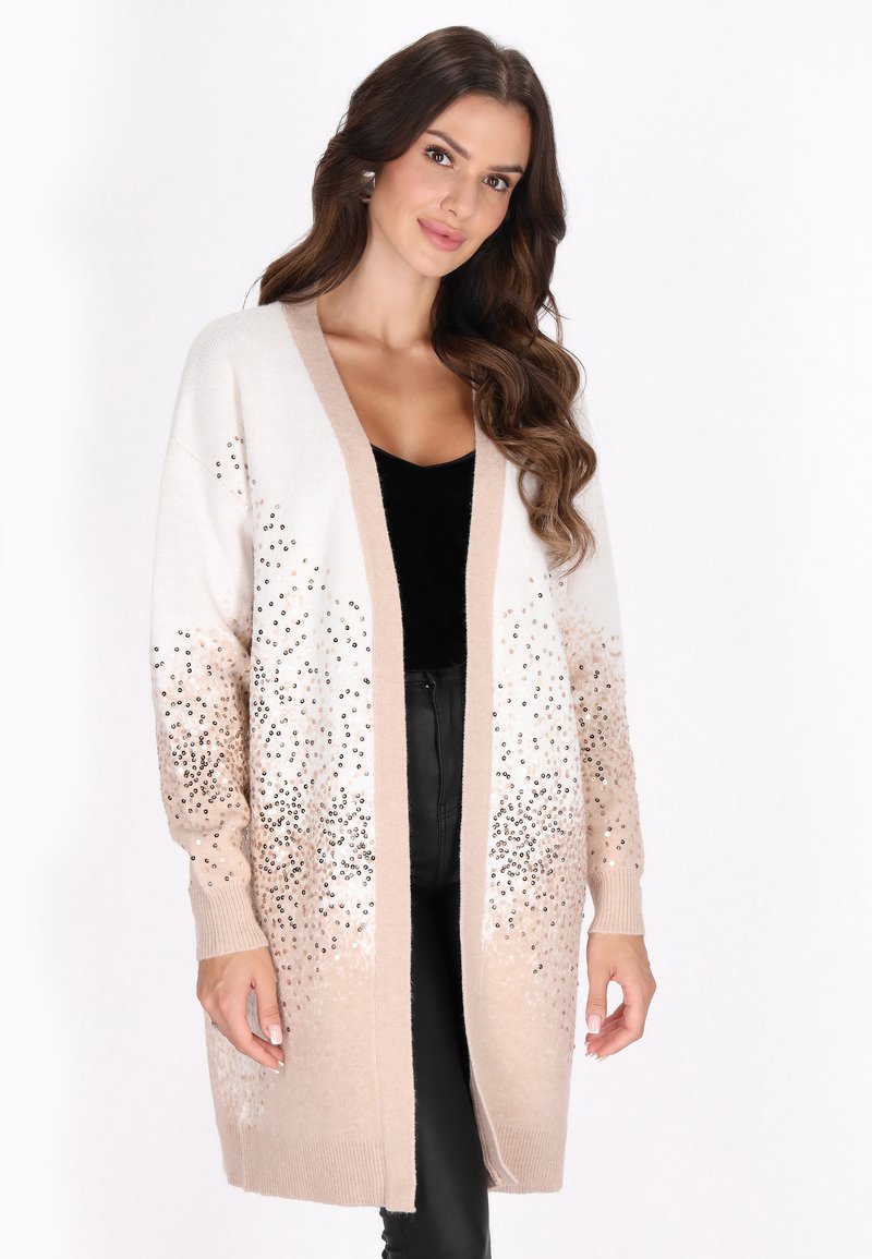 Lättvikts lång cardigan med en gradient från krämfärgad till taupe, dekorerad med spridda paljetter. Öppen framsida, ribbade ärmslut och nederkant.