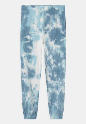 Blå og hvide tie-dye joggingbukser med elastisk talje og manchetter, med lille "Molo"-logo på det øverste højre lår.