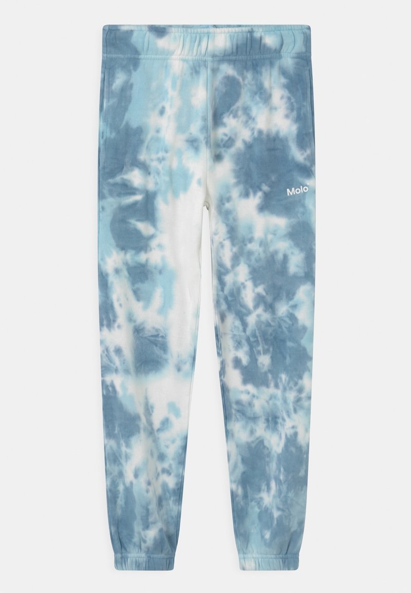 Pantalon de survêtement tie-dye bleu et blanc avec taille et poignets élastiques, avec un petit logo "Molo" sur la partie supérieure de la cuisse droite.