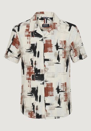 Korte mouw overhemd met knopen, met abstracte zwarte, bruine en beige penseelstreekpatronen op een witte achtergrond.