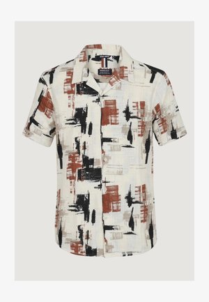 Korte mouw overhemd met knopen, met abstracte zwarte, bruine en beige penseelstreekpatronen op een witte achtergrond.