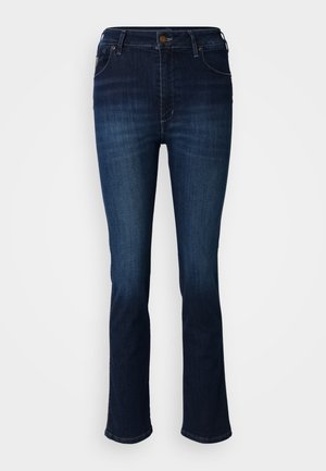 Dark blue denim jeans with a straight leg design, featuring five pockets, a button closure, and subtle fading on the thighs.