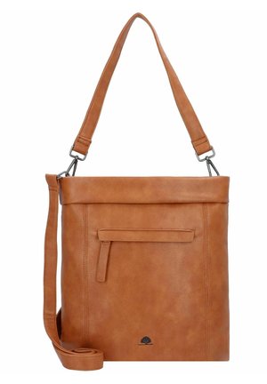 Bolso cruzado de cuero marrón con correa ajustable, un bolsillo con cremallera en la parte delantera y una textura suave. Presenta un logotipo en la parte inferior. Forma rectangular.
