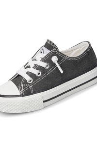 Czarne płótno sportowe z białym czubkiem i podeszwą z gumy. Posiada białe sznurówki i przeszycia, a także teksturowaną podeszwę dla lepszej przyczepności.