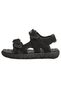 Infradito neri realizzati in materiale sintetico texturizzato, dotati di due cinturini in velcro regolabili, soletta sagomata e suola in gomma resistente con motivo.