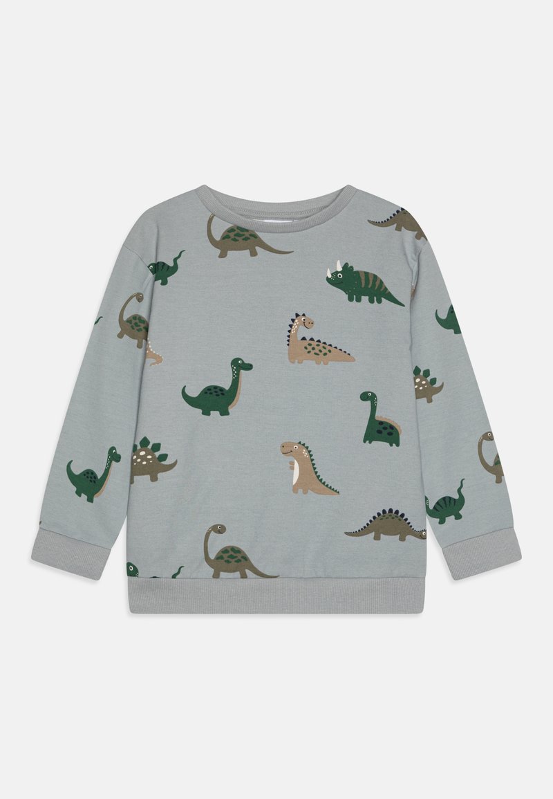 Sweatshirt cinza de manga longa com uma variedade de estampas de dinossauros em verde e castanho, com punhos e bainha canelados.