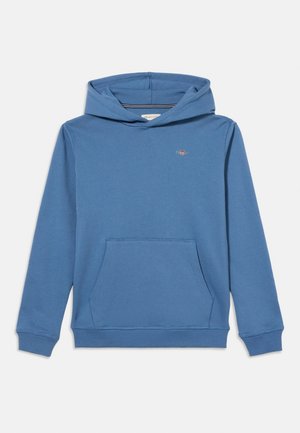 Felpa blu con cappuccio, tasca frontale a marsupio e piccolo logo sul petto sinistro, mostrata su sfondo bianco.