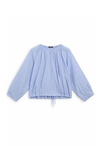 Blouse bleu clair à manches longues avec un col froncé et un ourlet à cordon. Tissu texturé avec de subtiles lignes verticales. Coupe décontractée.