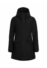 Black hooded winter coat with front zipper, flap pockets, and adjustable drawstrings on the hood, designed for cold weather.