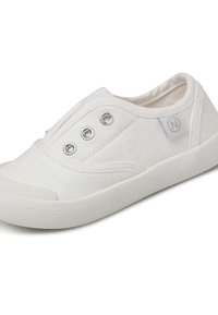 White canvas slip-on shoe with a textured rubber sole and three metallic eyelets on the vamp. Features a fabric tag with a logo.