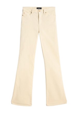 Beige ausgestellte Hose aus weicher Baumwolle, mit Reißverschluss, Vordertaschen und goldfarbenen Metallakzenten an den Taschen.