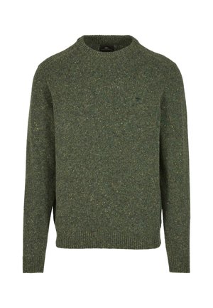 Vihreä neulepaita, jossa on pyöreä kaula-aukko, pitkät hihat ja teksturoitu kangas, jossa on keltaisia ja sinisiä pisteitä.