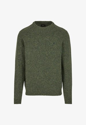 Grøn strikket sweater med rund hals, lange ærmer og et struktureret stof med indslag af gult og blåt.