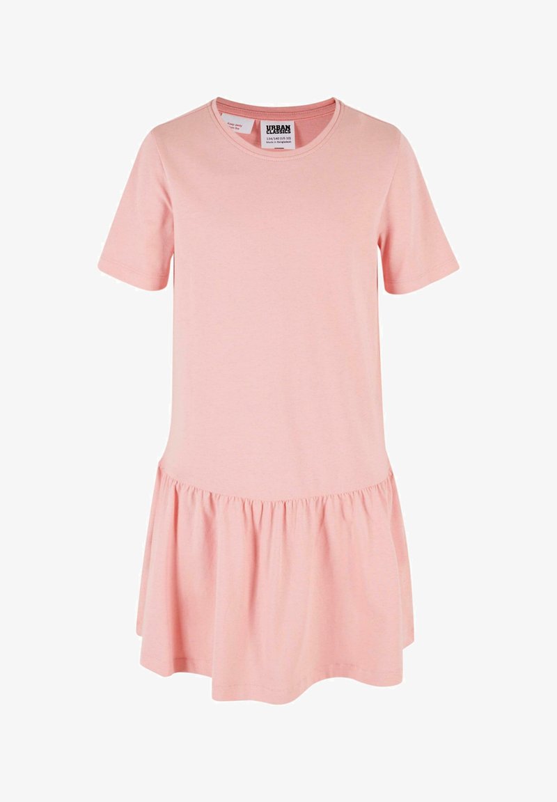 Różowa sukienka z krótkim rękawem, uszyta z miękkiego materiału, z okrągłym dekoltem i rozkloszowanym, falującym dołem dla dodatkowej objętości.