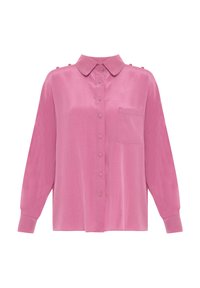 Blusa rosa a maniche lunghe realizzata in tessuto leggero. Caratterizzata da una chiusura frontale a bottoni, colletto a punta e taschino sul petto. Bottoni decorativi sulle spalle.