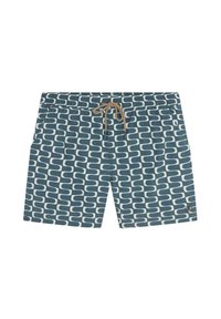 Shorts de bain pour homme avec un motif géométrique de vagues bleu et blanc et un cordon beige à la taille élastique.