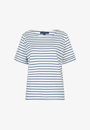 Hvid T-shirt med korte ærmer med smalle vandrette mørkeblå striber og rund halsudskæring, størrelse small.