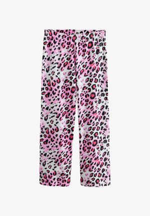 Leopardenmuster-Hosen haben einen weißen Hintergrund mit rosa und schwarzen Flecken. Das Design hat eine lockere Passform und einen elastischen Bund.