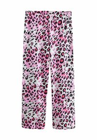 Luipaardprint broek in roze, zwart en wit. Voorzien van een elastische tailleband, wijd model en zachte stof met een gladde textuur.