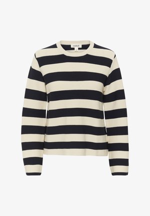 Csíkozott pulóver tengerészkék és krémszínű árnyalatokban, bordázott textúrával, kerek nyakkivágással és hosszú ujjal. A címke "soaked" feliratot visel.