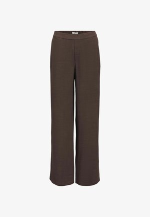 Tumši brūnas, vaļējas taisnu kāju bikses ar elastīgu jostasvietu, attēlotas uz vienkārša balta fona.