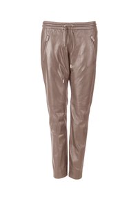 Braune Leder-Jogginghosen mit elastischem Bund, Kordelzug und Reißverschlusstaschen an den Seiten. Glatte Textur mit schmal zulaufenden Knöchelbündchen.