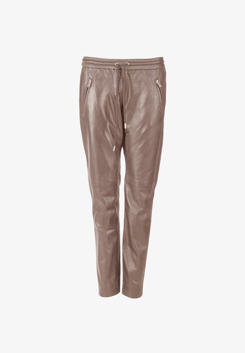 Braune Leder-Jogginghosen mit elastischem Bund, Kordelzug und Reißverschlusstaschen an den Seiten. Glatte Textur mit schmal zulaufenden Knöchelbündchen.
