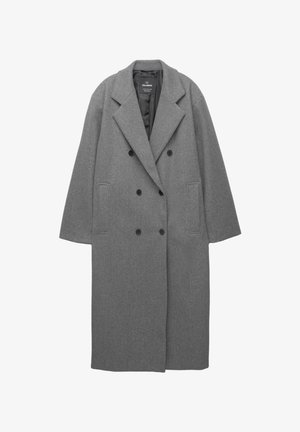 Cappotto doppiopetto in misto lana grigio con ampi risvolti, tasche frontali e bottoni neri, caratterizzato da un design elegante e lungo e da una superficie liscia.