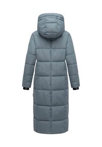 Long light blue padded winter coat with hood, quilted design, and black adjustable wrist cuffs.