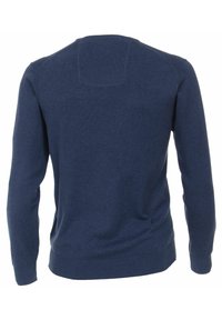 Dunkelblaues Sweatshirt, lange Ärmel, gestrickte Textur, runder Kragen, gerippte Bündchen und Saum, nahtloses Schulterdesign. Keine sichtbaren Logos oder Muster.