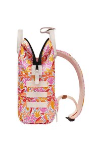 Backpack with a vibrant floral pattern in pink, orange, and yellow. Features a black zipper, adjustable straps, and textured fabric accents.